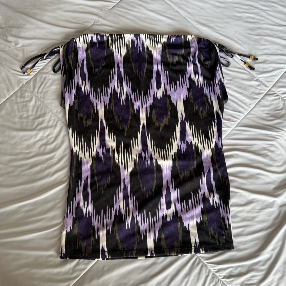 MICHAEL Michael Kors Black Purple Patterned Blouse Tank Cinched Shoulder Tassel - Picture 10 of 10